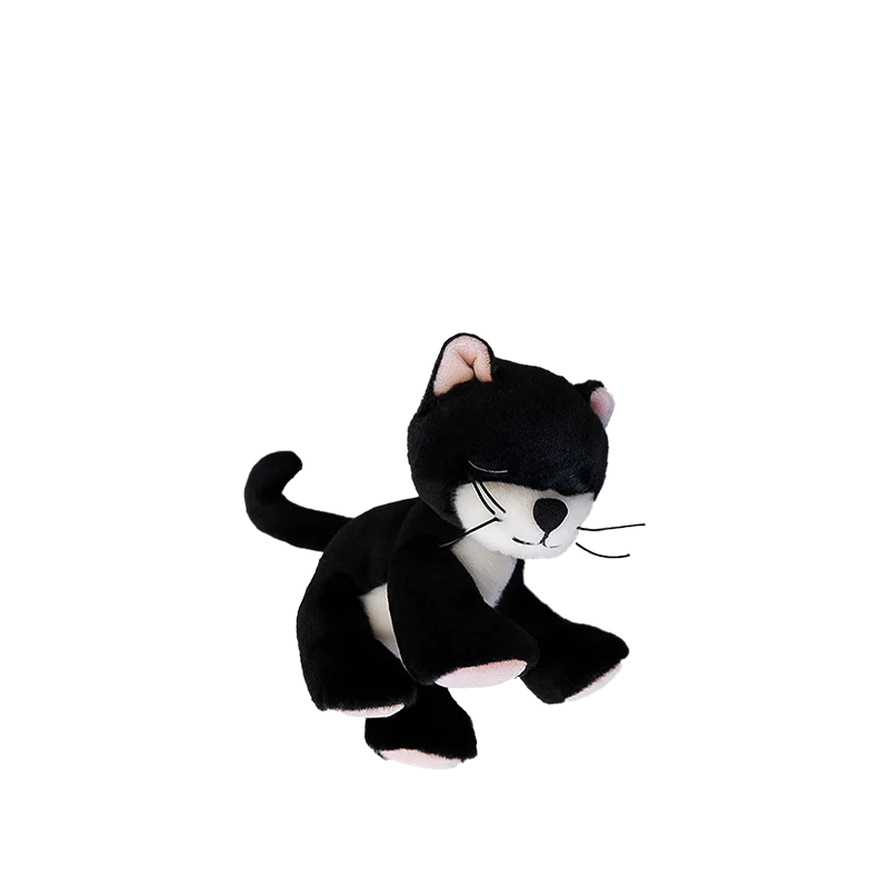 The Olli Ella Binky Kitten Kit - Black & White is an adorable plush with pink inner ears and paws, sitting upright—a perfect cuddly companion for snuggling.