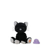 The Olli Ella Binky Kitten Koko - Black, a plush cat with closed eyes, white paws, and inner ears, sits beside a small purple toy hat on a white background—perfect for Playtopia Koko fans.