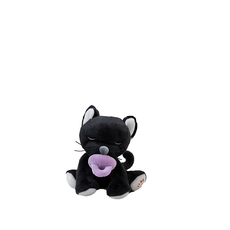 The Olli Ella Binky Kitten Koko - Black is a cute black plush cat with closed eyes, white paws, and a purple tongue sticking out—perfect for snuggles, shown sitting against a plain white background.