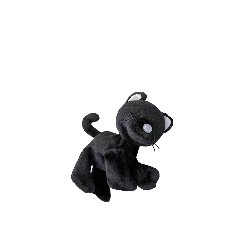 A small black Olli Ella Binky Kitten Koko plush with white inner ears and eyes, posed on a plain white background.