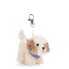 Introducing the Bukowski - Buddylina Dog Bag Charm: a plush puppy keychain featuring soft cream and brown fur, adorned with a blue and white checkered bandana, and attached to a silver clip—perfect as an adorable handbag accessory or bag charm.