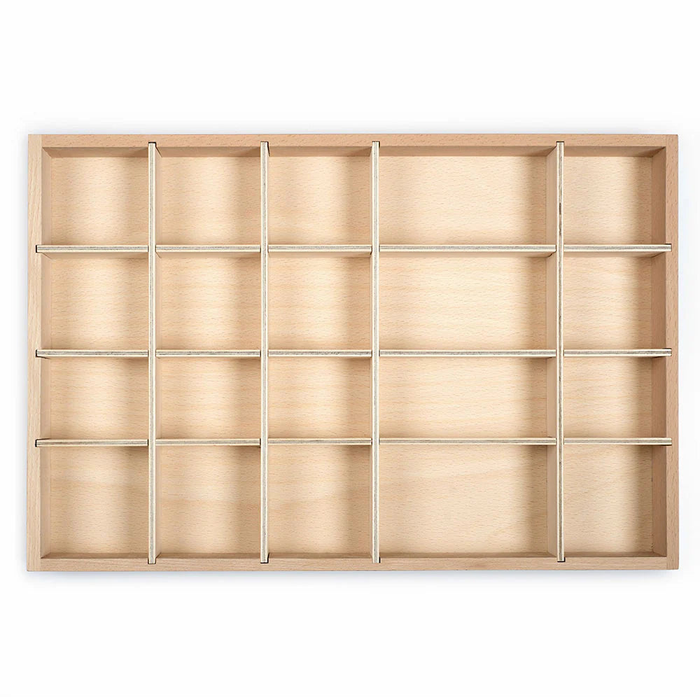 The Grapat Tinker Tray is a wooden display case with a light finish and 20 compartments in a 4x5 grid, divided by thin metal rods—perfect for sorting loose parts or organizing sustainable toys.