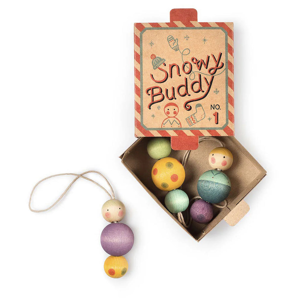 The Grapat Ornament Set - Snowy Buddy features pastel wooden beads with painted faces and dots, some strung to look like snowmen—perfect as hand-painted ornaments for your holiday decorations.