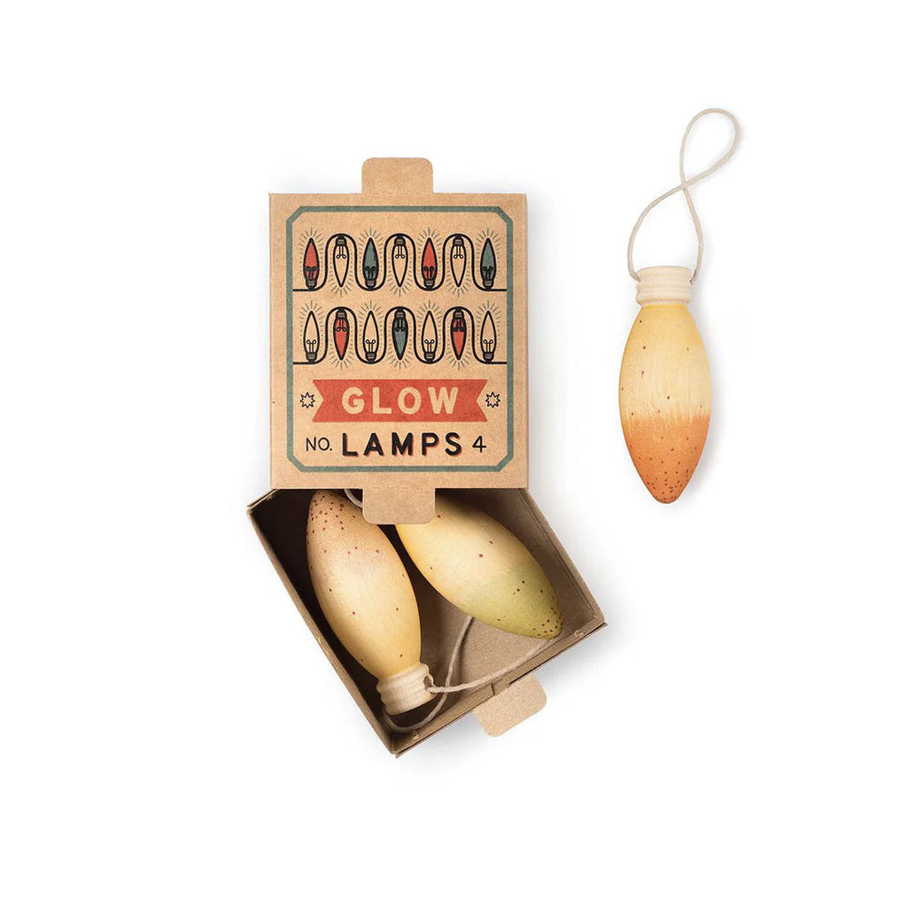 The Grapat Ornament Set - Glow Lamps features a small box with vintage-style bulb drawings and includes two large, hand-painted ornaments—one displayed on a string—ideal for distinctive holiday décor.