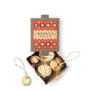 The Grapat Ornament Set - Wonder Balls features a vintage-style box containing five colorful, patterned hand-painted wooden ornaments with string loops, perfect for adding unique holiday charm to your decor.