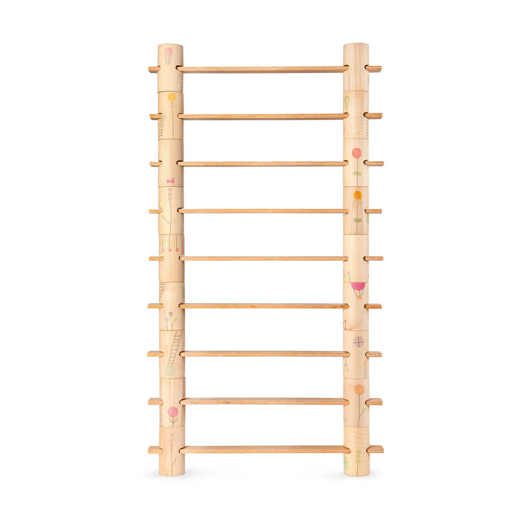 The Grapat Woodland Building Set features a wooden climbing ladder for children with colorful geometric patterns on the sides, encouraging imaginative adventures. Designed for home or playground use, it includes multiple rungs for climbing or hanging and ships in approximately one week.