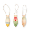 The Grapat Ornament Set - Winter Sparkles features three hand-painted, vintage bowling pin-shaped ornaments with pastel patterns and hanging loops, perfect for magical festive home decor. Shown on a white background.