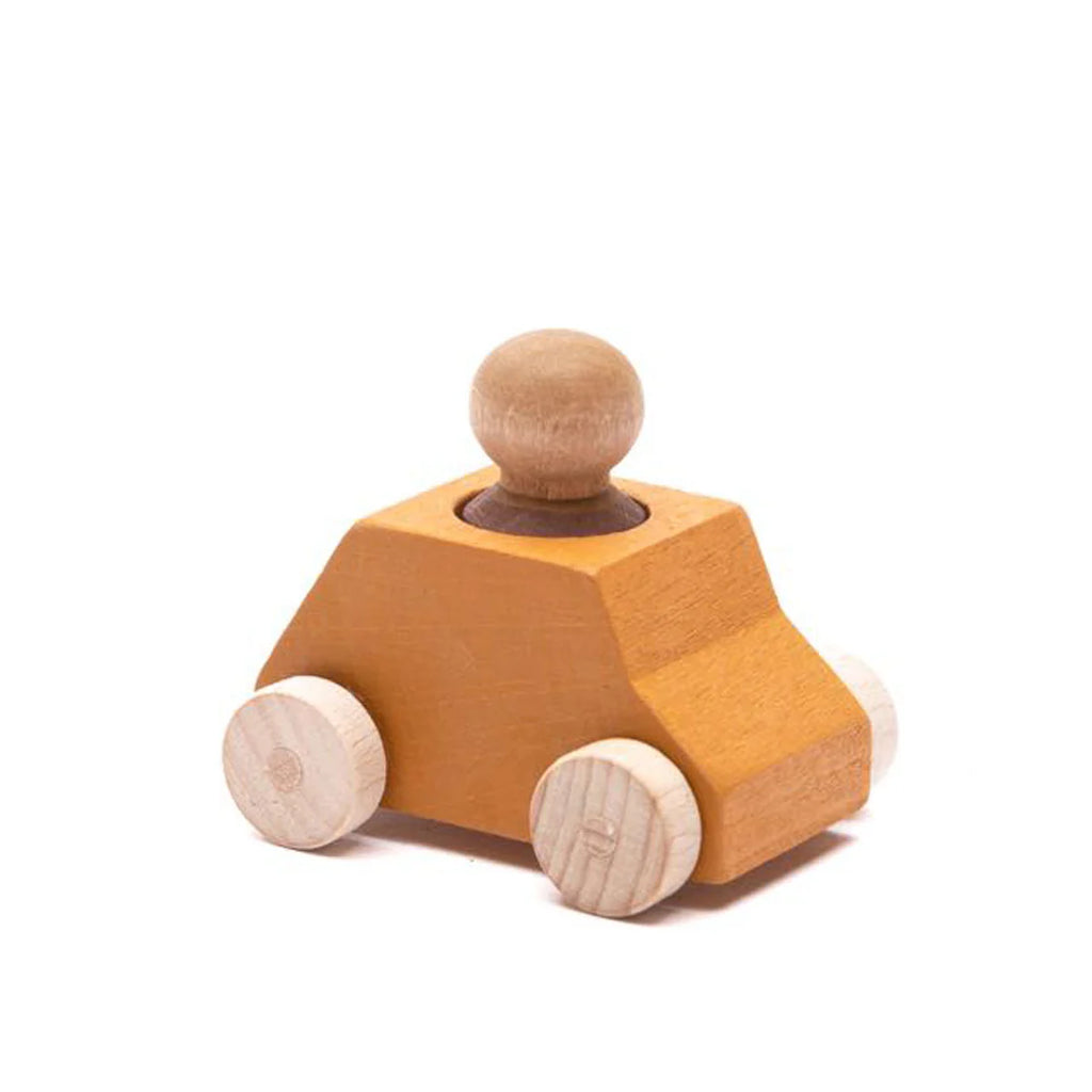 The Lubulona Wooden Car with Figure - Ochre is a small, eco-friendly toy car featuring four light wheels and a rounded peg driver—perfect for imaginative play.