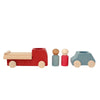 The Lubulona Wooden Tow Truck - Red is a natural wood toy set with a red tow truck, blue car, and two peg people—ideal for imaginative small-world play adventures.