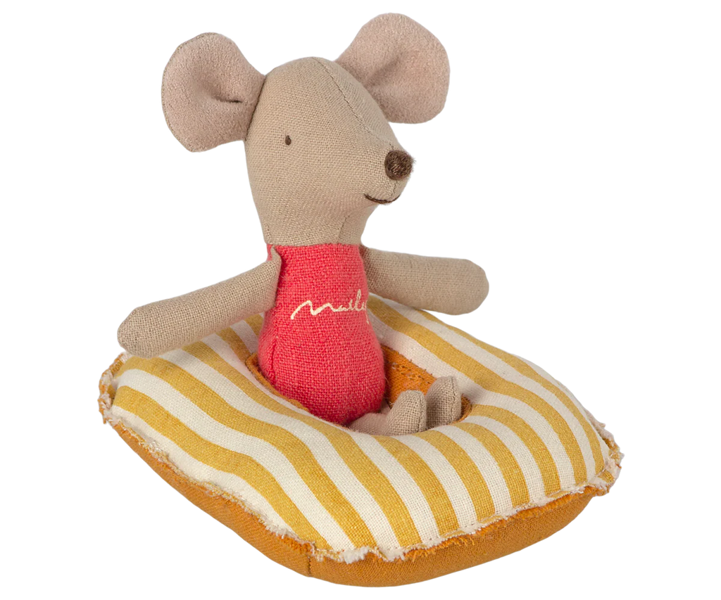 The Maileg Rubber Boat, Small Mouse - Yellow Stripe features a small mouse in a red shirt relaxing on a yellow and white striped boat with brown trim—a charming addition to any playful mouse collection.