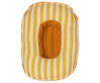 The Maileg Rubber Boat, Small Mouse - Yellow Stripe features a cute yellow-and-white striped design with a brown textured center, making it a charming addition to your mouse accessory collection.