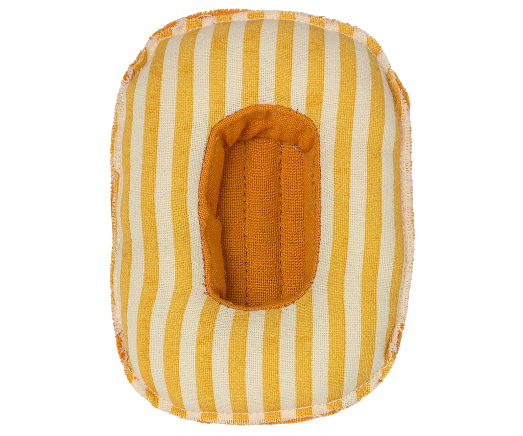 The Maileg Rubber Boat, Small Mouse - Yellow Stripe features a cute yellow-and-white striped design with a brown textured center, making it a charming addition to your mouse accessory collection.