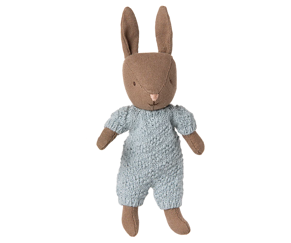 PRE-ORDER: Rabbit Micro - Brown - Blue Knitted Suit (ships early October), a soft fabric doll in a light blue knitted outfit—ideal for miniature dollhouses or pairing with Maileg accessories.
