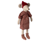 The Maileg Christmas Mouse, Maxi - Girl (ships in one week) features a festive red dress with puffed sleeves, a cozy knit hat, and patterned socks—perfect for holiday decor or gifting with its charming beige arms and large round ears.