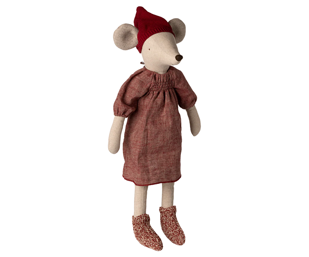 The Maileg Christmas Mouse, Maxi - Girl (ships in one week) features a festive red dress with puffed sleeves, a cozy knit hat, and patterned socks—perfect for holiday decor or gifting with its charming beige arms and large round ears.