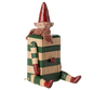 The PRE-ORDER: Maileg Elf with Drawer - Green (Estimated Arrival Mid August) features a whimsical elf in red accessories sitting on a striped box body with moveable limbs and a small drawer on its torso.