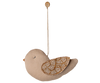 The Maileg Fabric Ornament, Bird - Winter Heart - Sand is a soft beige fabric bird with embroidered wings, hanging from a string and button, shown on a white background.