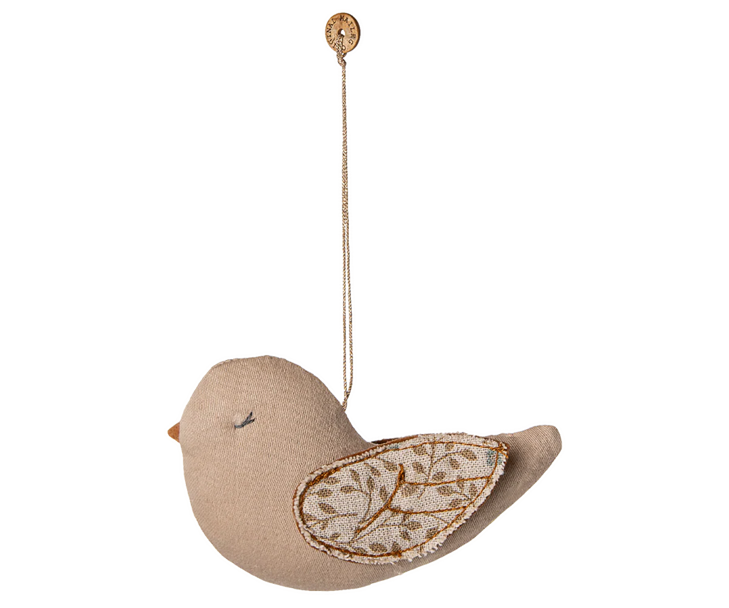 The Maileg Fabric Ornament, Bird - Branches - Blue features a plush blue bird with embroidered wings and a brown beak, hanging from a string with a button—an adorable addition to your Christmas tree decorations.