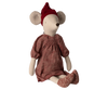 The Maileg Christmas Mouse, Maxi - Girl, sits upright against a white background, dressed in a red knit hat, matching dress, and textured socks.