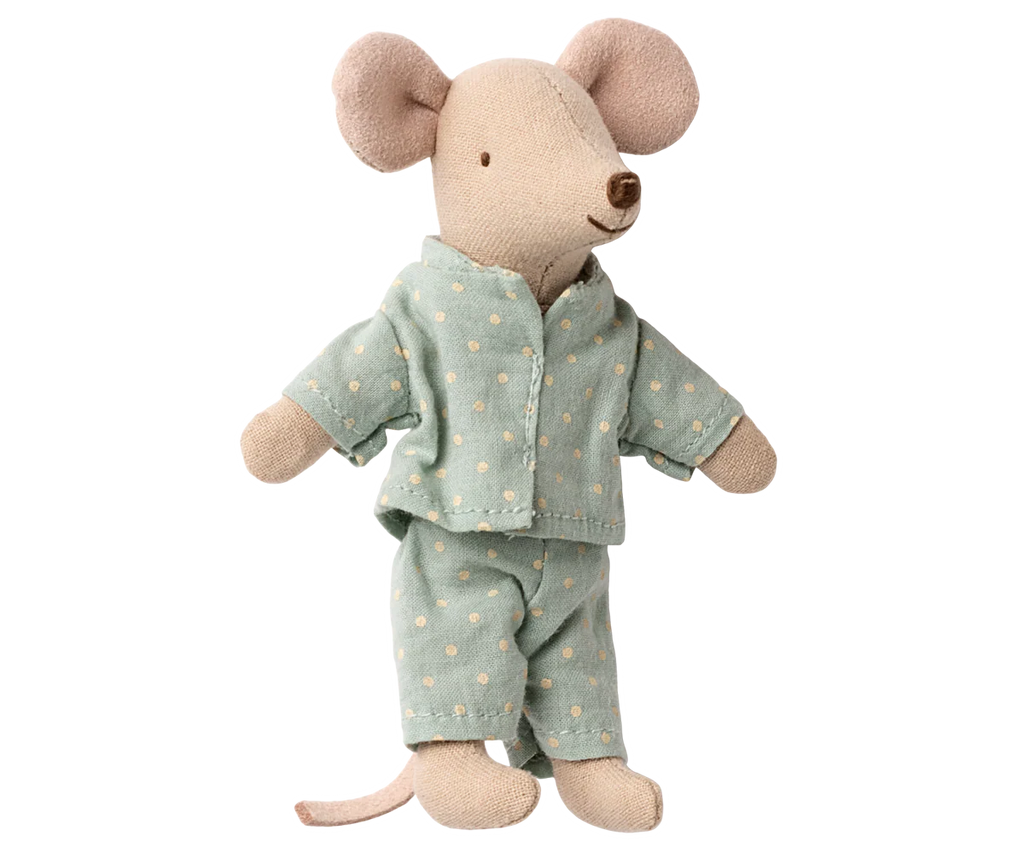 The PRE-ORDER: Little Brother Mouse in Matchbox (Aprox. Ship Date: Early November) stands upright in soft, light blue pajamas with white polka dots against a plain beige background.