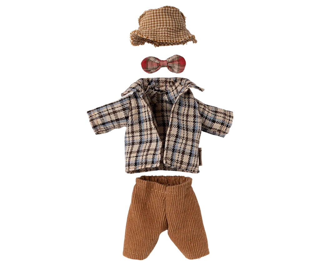 Maileg Extra Clothing: Jacket, Pants, Hat and Bow Tie for Grandpa Mouse—includes a brown houndstooth hat, plaid bow tie and overcoat, plus brown corduroy pants, all arranged on a white background.