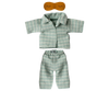 Maileg Extra Clothing: Pyjamas For Dad Mouse includes light blue and white striped pyjamas with a collared shirt, matching pants, and an orange eye mask with closed-eye designs—ideal for cozy dad mouse bedtimes.