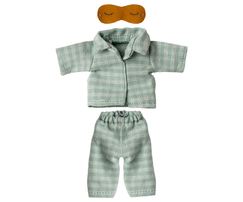 Maileg Extra Clothing: Pyjamas For Dad Mouse includes light blue and white striped pyjamas with a collared shirt, matching pants, and an orange eye mask with closed-eye designs—ideal for cozy dad mouse bedtimes.