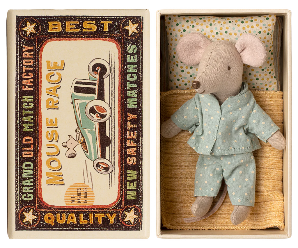 The PRE-ORDER: Little Brother Mouse in Matchbox (Aprox. Ship Date: Early November) features a mouse in polka-dot pajamas resting in a matchbox bed with soft bedding and a vintage “Mouse Race” box design.