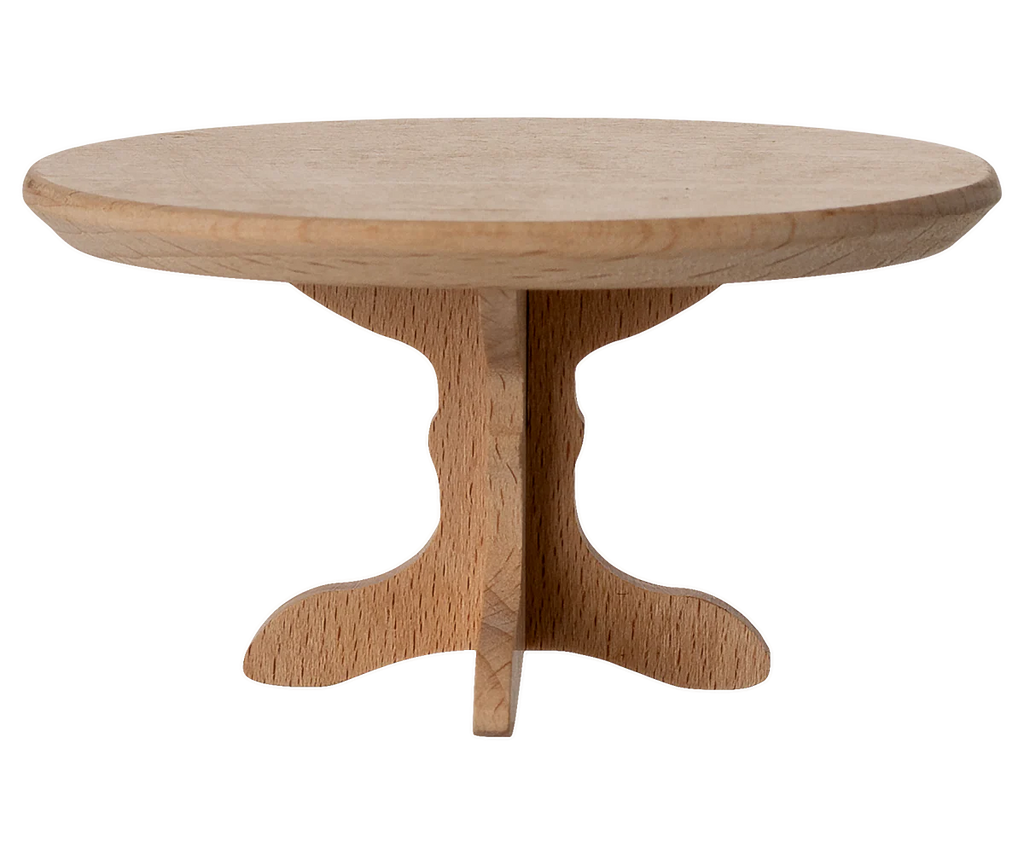 A small, round wooden table with a simple, flat top and a two-piece crossed base, perfect for displaying your Maileg Gingerbread House Christmas Set, set against a plain white background.