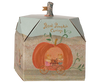 A whimsical pre-order Maileg Pumpkin Carriage for mice, featuring a pastel fairytale design with ornate details and a smiling character. Approximate ship date: early October.