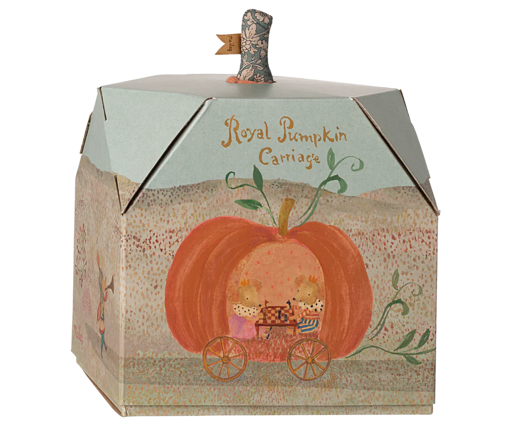 A whimsical pre-order Maileg Pumpkin Carriage for mice, featuring a pastel fairytale design with ornate details and a smiling character. Approximate ship date: early October.