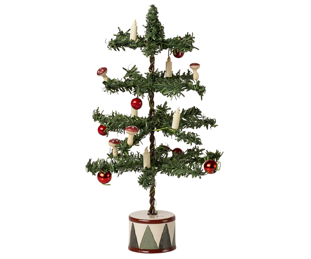 The PRE-ORDER: Maileg Christmas Tree, Mouse Size, features red ornaments, white candles, and mushroom decorations on a small tree in a drum-shaped base with a white and dark gray pattern, softly lit by LED bulbs. Ships early October.
