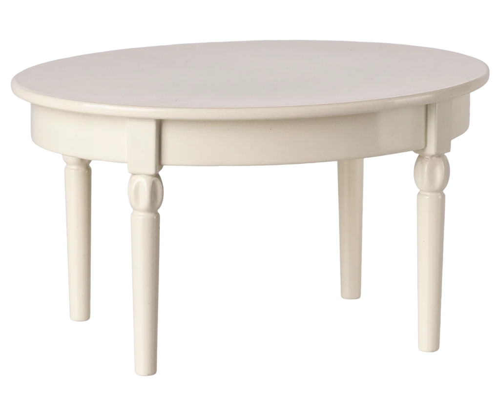 The PRE-ORDER: Vintage Dining Table, Mouse - Off White features a small, round metal design with four legs and classic style, shown against a plain background. Estimated ship date: Early October.