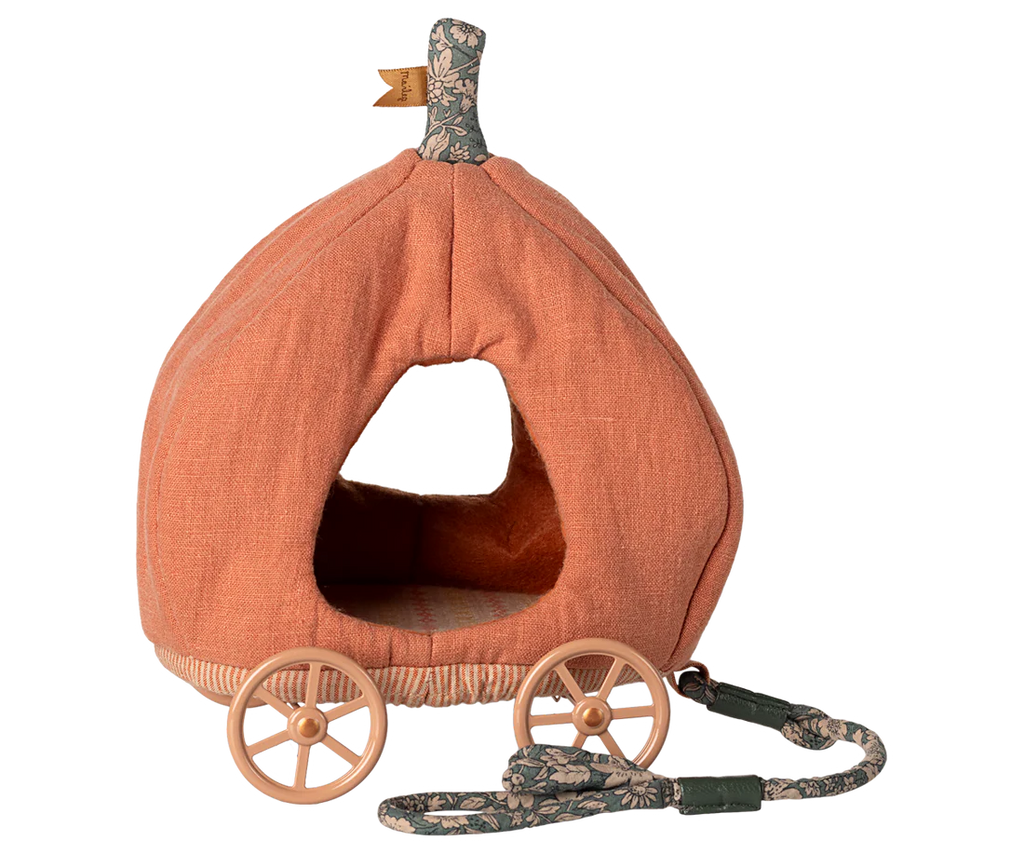 The PRE-ORDER: Maileg Pumpkin Carriage, Mouse (ships early October) is a pumpkin-shaped pet carrier featuring a fabric exterior, wicker base, small window, decorative wheels, and leaf-patterned leash—ideal for fairytale travel.
