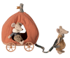 The PRE-ORDER: Maileg Pumpkin Carriage, Mouse (Aprox. Ship Date: Early October) features two royal mice—one inside a soft pumpkin carriage with wheels and another outside, ready to pull the fairytale toy with a fabric strap.