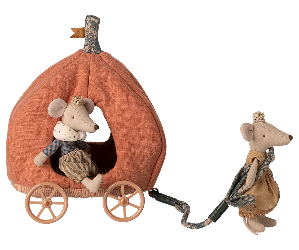 The PRE-ORDER: Maileg Pumpkin Carriage, Mouse (Aprox. Ship Date: Early October) features two royal mice—one inside a soft pumpkin carriage with wheels and another outside, ready to pull the fairytale toy with a fabric strap.