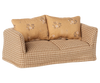 The Maileg Grandparents Set features a small sofa with checkered beige and brown fabric and two floral-patterned tan cushions, perfect for mouse dollhouse furniture or as part of your Maileg accessories, set against a white background.