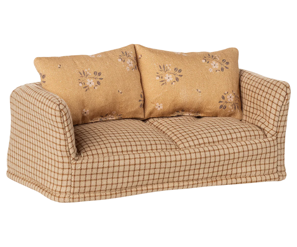 The Maileg Grandparents Set features a small sofa with checkered beige and brown fabric and two floral-patterned tan cushions, perfect for mouse dollhouse furniture or as part of your Maileg accessories, set against a white background.