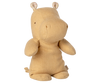 A Maileg Hippo, Small - Cream Yellow from the Safari Friends collection, made with gentle soft fabric and featuring small dotted ears, sits upright against a plain white background.