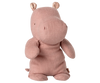 Maileg Hippo, Small - Rose is a soft, light brown stuffed hippopotamus toy crafted from gentle fabric, featuring small floral-patterned inner ears and posed sitting upright against a plain white background—a charming addition to any Safari friends collection.