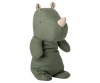The Maileg Rhino, Medium - Sage is a plush toy in green with soft fabric, a beige horn, small button eyes, and patterned inner ears, shown sitting upright against a plain white background.