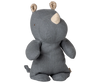 The Maileg Rhino, Small – Dusty Blue, is a charming stuffed rhino toy in soft blue fabric with beige horns and ear linings, sitting upright on a plain white background—an adorable Safari companion for all ages.
