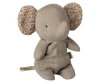Meet the Maileg Elephant, Mini - Iron Grey: a soft plush from our Safari Friends collection. It sits upright with simple stitched features, large patterned ears with a brown leaf motif, and a short tail, all in classic iron grey.