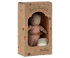 The Maileg Rabbit With Accessories, Micro - Sand - Rose is a boxed gift set featuring a soft rabbit in pink clothes with "Magnets in hands" on the box, a small fabric ball, floral brown packaging, and "Baby Rabbit" and "Maileg" labels.