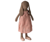 The Maileg Bunny, Size 4 - Brown, wearing a pink dress and matching shoes, stands upright against a plain white background.