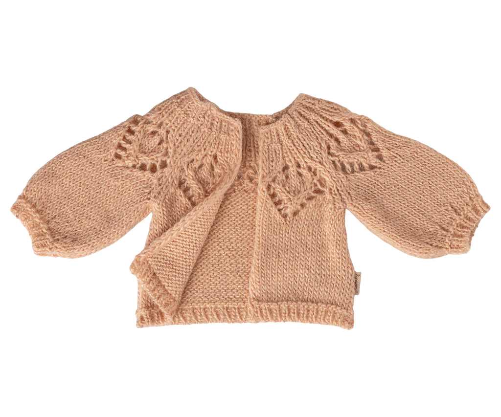 The Maileg Knitted Cardigan, Size 3 in Light Rose (expected 02/15/26), features hand-knitted details, long puffed sleeves, and a leaf pattern—ideal as bunny clothes or rabbit accessories. Displayed flat on a white background.