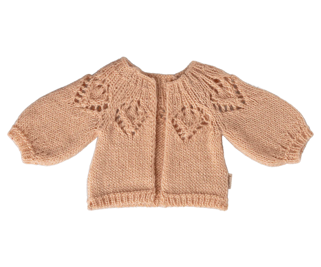 The Maileg Knitted Cardigan, Size 3 in Light Rose (expected by 02/15/26), features long puffy sleeves, a decorative leaf pattern around the chest and shoulders, and soft textured yarn for a charming bunny-inspired look.