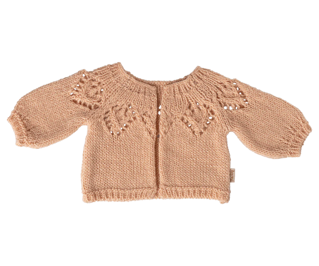 The Maileg Knitted Cardigan, Size 4 - Light Rose, is a baby cardigan with long sleeves, openwork on the yoke and shoulders, and a round neckline. Item shown laid flat on a white background. Expected arrival: 02/15/26.