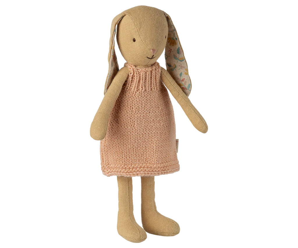 The Maileg Bunny, Size 1 - Cream Yellow, wears a knitted dress and stands upright against a plain white background. Expected arrival by 02/15/26.
