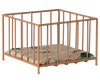 The Maileg Playpen, Micro - Dark powder is a small, square metal playpen with vertical bars and comes with a patterned cushion.